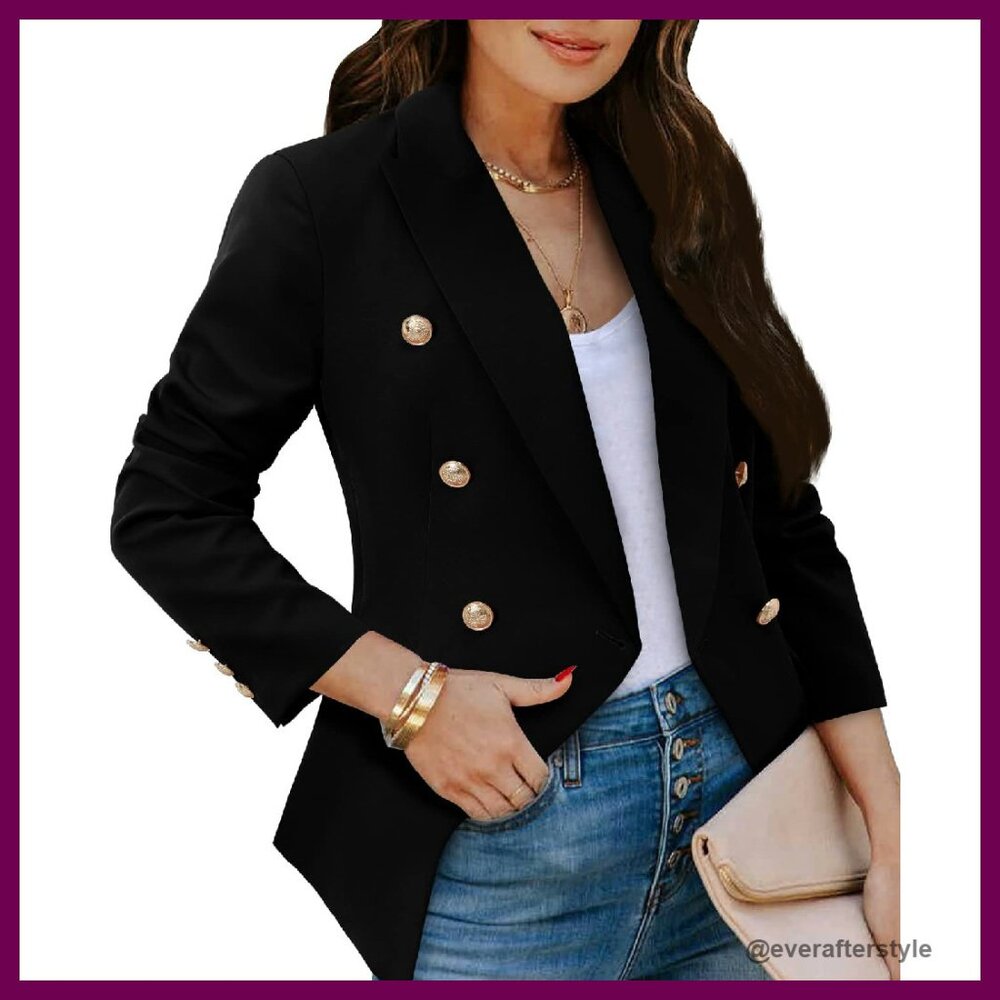 Women's Blazer Long Sleeve Open Front Gold Buttons Work Office Casual Chic
